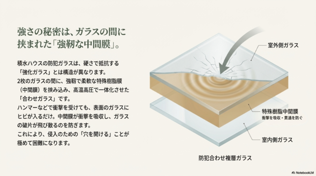 2枚のガラスの間に衝撃を吸収する特殊樹脂中間膜を挟み込んだ、積水ハウスの防犯合わせ複層ガラスの断面図
