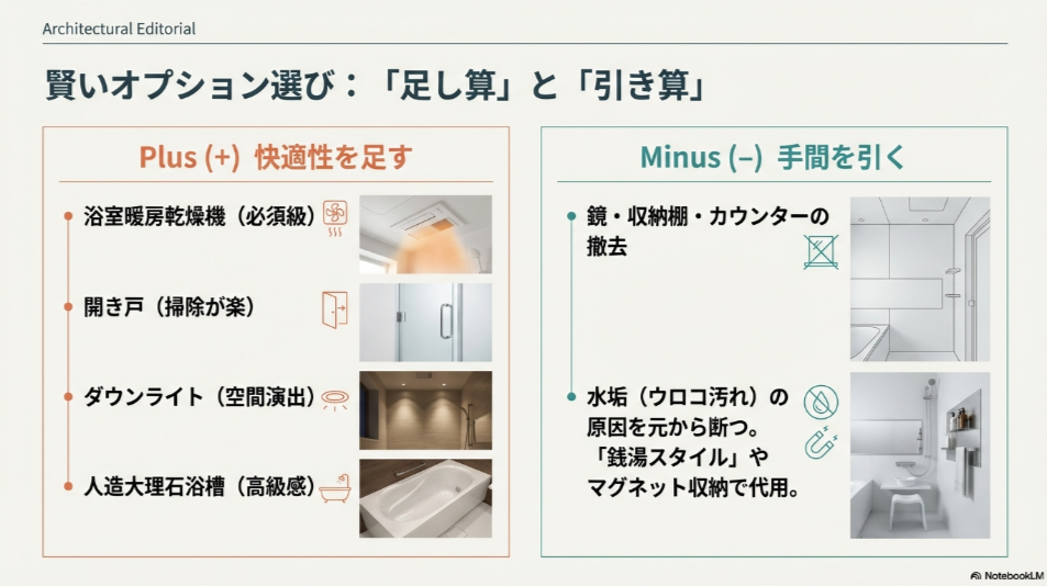 浴室暖房乾燥機や開き戸などの「快適性を足す」オプションと、鏡や棚の撤去などの「手間を引く」オプションをリストアップしたスライド。