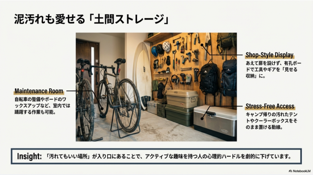 ロードバイクやキャンプ道具がディスプレイされた広い土間玄関。有孔ボードを活用した見せる収納とメンテナンススペースの実例。