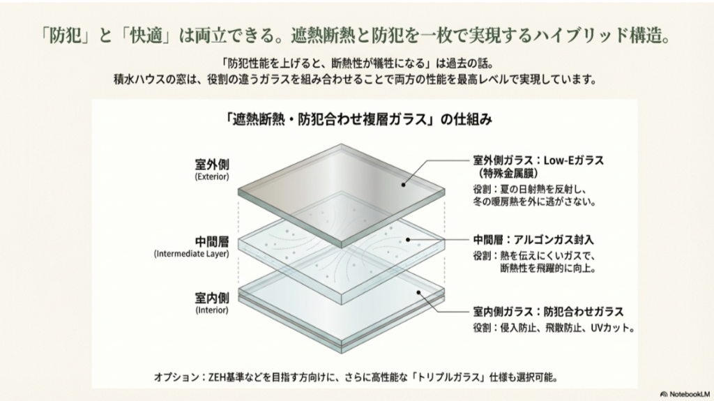 室外側のLow-Eガラス、中間のアルゴンガス層、室内側の防犯合わせガラスを組み合わせたハイブリッド窓の分解構造図