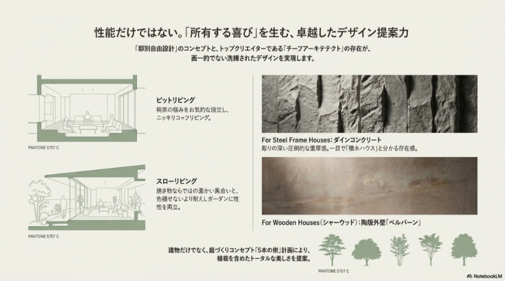 積水ハウスのピットリビングやスローリビングの空間イメージ図と、鉄骨用外壁「ダインコンクリート」、木造用外壁「ベルバーン」の質感イメージ。