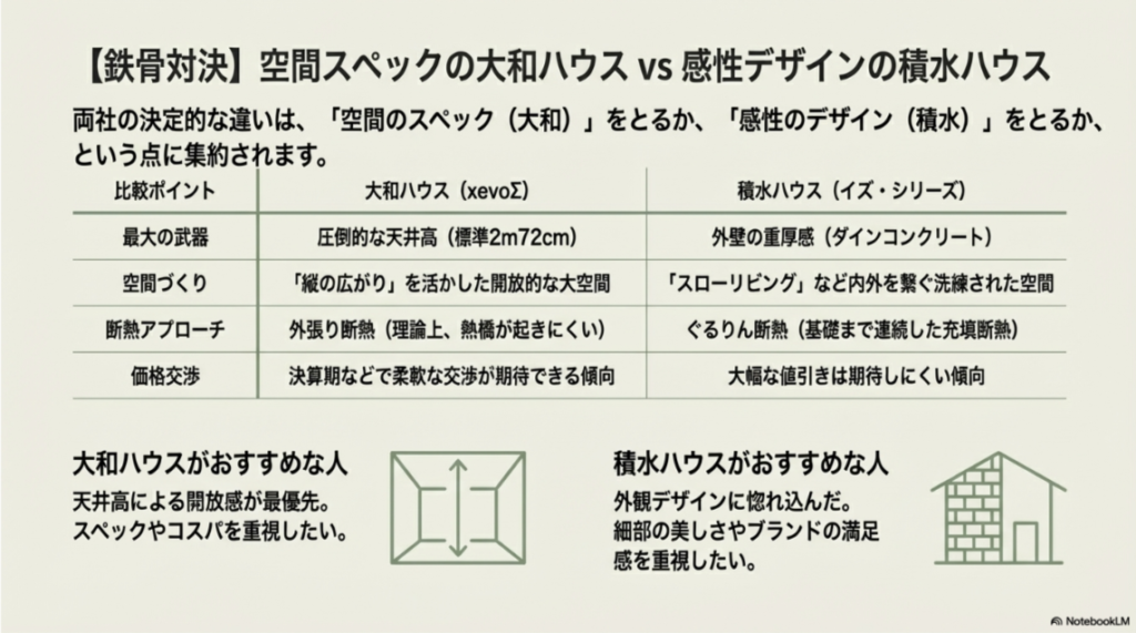 天井高や断熱工法、価格交渉のしやすさなど、大和ハウスと積水ハウスの特徴を比較した一覧表と構造イメージ