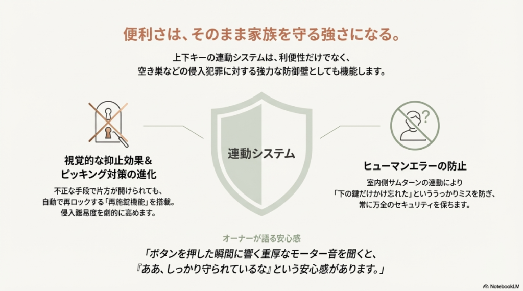 ピッキング対策としての電子錠のメリットと、オートロックによる閉め忘れ防止機能の解説図