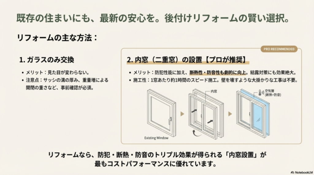 既存の窓の内側にもう一つ窓を設置する「内窓」リフォームのメリットと、断熱・防音・防犯効果の解説