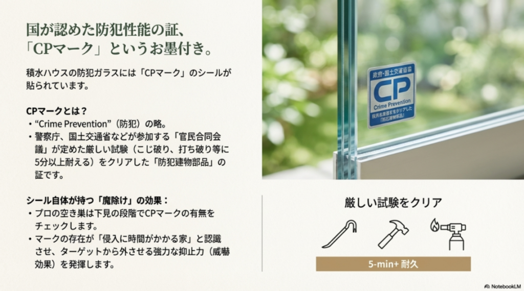 警察庁や国土交通省が定めた厳しい試験をクリアした防犯建物部品にのみ貼られる「CPマーク」のステッカー画像