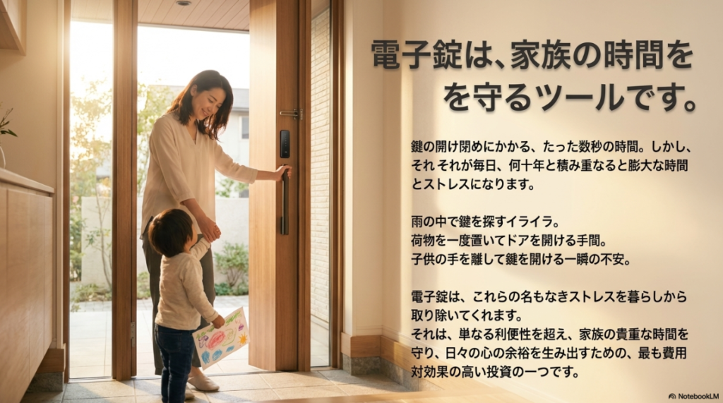 鍵を探す手間をなくし、家族の時間を生み出す電子錠の費用対効果についてのメッセージ