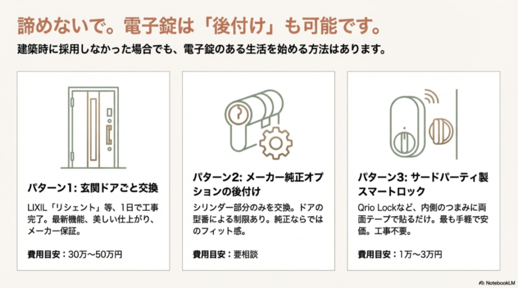 玄関ドアごとの交換、シリンダー交換、スマートロック貼り付けなど、電子錠を導入する3つのパターンの費用と特徴