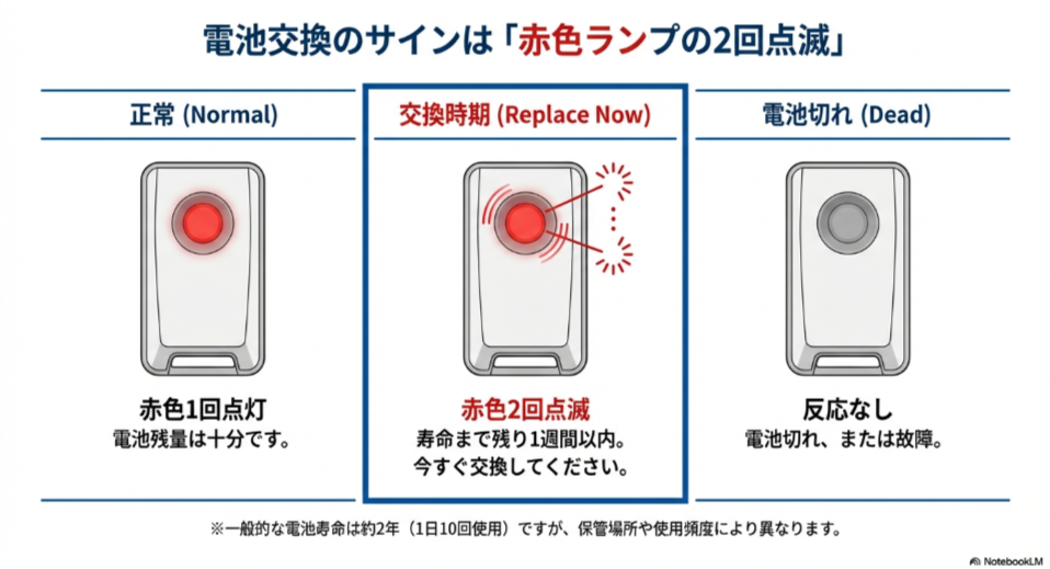 積水ハウス電子錠のリモコンキーの電池残量確認方法。赤色ランプ1回点灯は正常、2回点滅は電池残量が少なく交換時期であることを示すイラスト解説