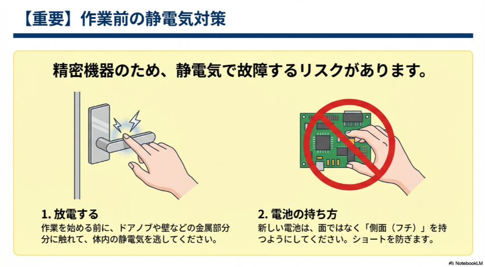 電池交換作業前の静電気除去方法。ドアノブや壁などの金属部分に触れて放電し、電池を持つ際は基板ショートを防ぐために側面を持つように注意するイラスト 。