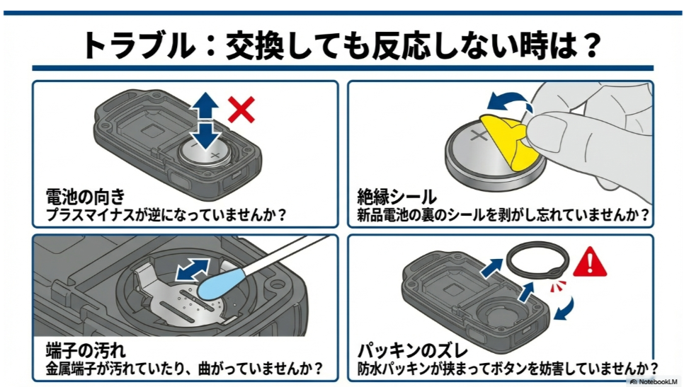 電池交換しても電子錠が反応しない時の確認事項。電池のプラスマイナスの向き、絶縁シールの剥がし忘れ、端子の汚れ、防水パッキンのズレなどのイラスト解説 。