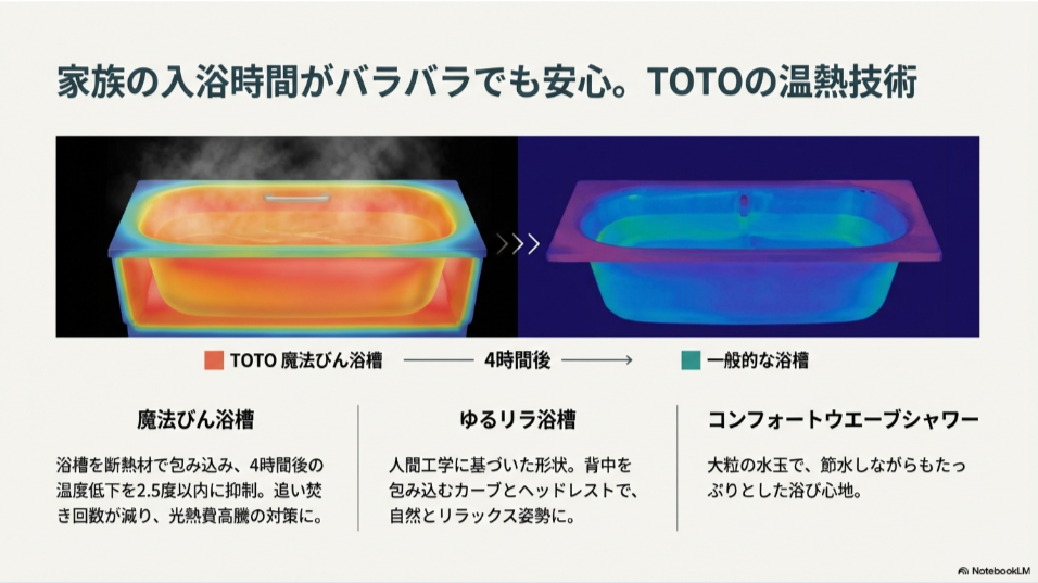 魔法びん浴槽のサーモグラフィ比較画像（4時間後の温度変化）。ゆるリラ浴槽とコンフォートウエーブシャワーの特徴を解説したスライド。