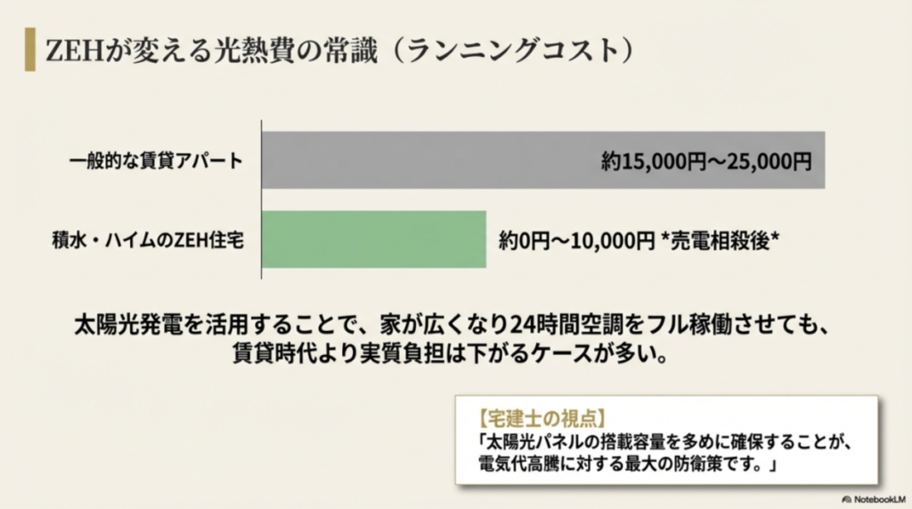 賃貸アパートと積水・ハイムのZEH住宅の光熱費比較。太陽光発電の活用により、24時間空調を稼働させても実質負担が大幅に下がるグラフ。