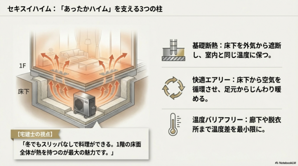 セキスイハイムの床下構造図。基礎断熱と快適エアリーによって、床下から温風を循環させ、1階の床全体を暖める仕組みの図解。