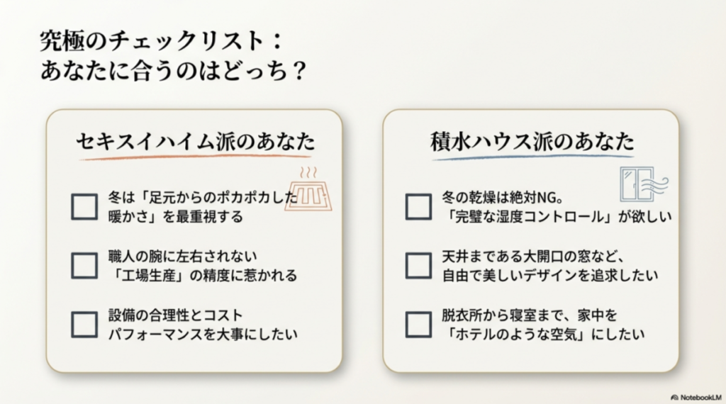セキスイハイム派（足元の暖かさ、工場精度重視）と積水ハウス派（湿度管理、自由設計・大開口重視）を診断するチェックリスト。