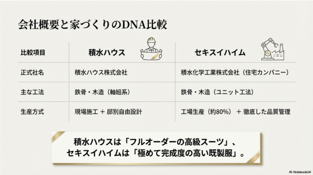 積水ハウス（鉄骨・木造軸組、現場施工、フルオーダー）とセキスイハイム（ユニット工法、工場生産、完成度の高い既製服）の設計思想の違いを比較した表。