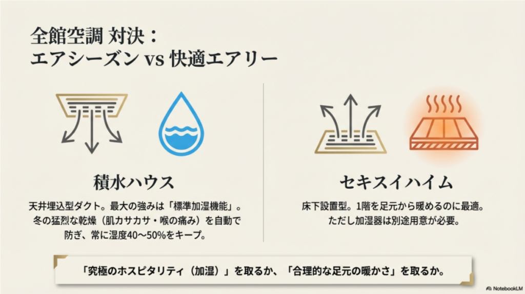積水ハウスのエアシーズン（天井埋込、標準加湿あり）とセキスイハイムの快適エアリー（床下設置、加湿別途）の強みを比較したスライド。