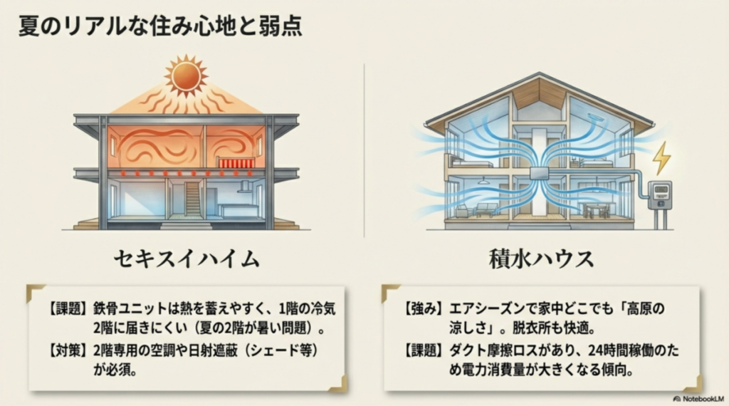 セキスイハイムの夏の2階が暑くなりやすい課題と、積水ハウスのエアシーズンによる全館冷房の強みを比較した住宅断面図。