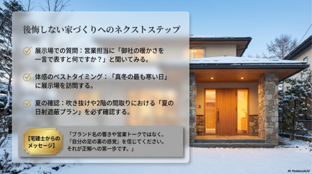 宅建士からのアドバイス。「自分の足の裏の感覚」を信じること、真冬の展示場訪問を推奨するメッセージ。