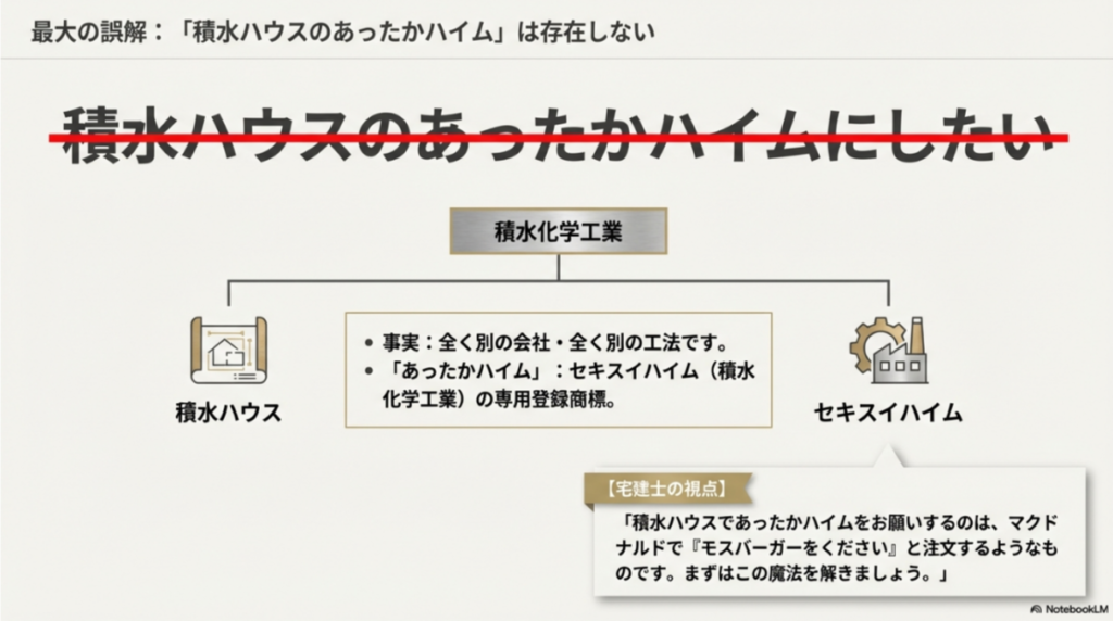 積水ハウスとセキスイハイムが全く別の会社であり、あったかハイムはセキスイハイムの登録商標であることを説明するスライド。マクドナルドでモスバーガーを注文するようなものという例え話。