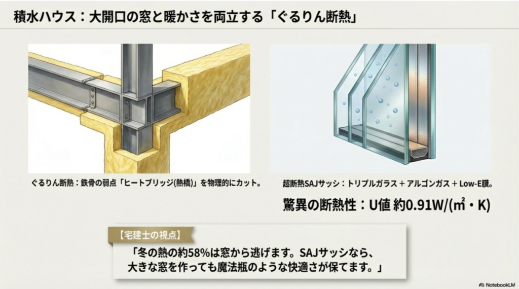 積水ハウスの断熱構造。鉄骨の熱橋（ヒートブリッジ）をカットする「ぐるりん断熱」と、トリプルガラスを採用したSAJサッシの断面図。