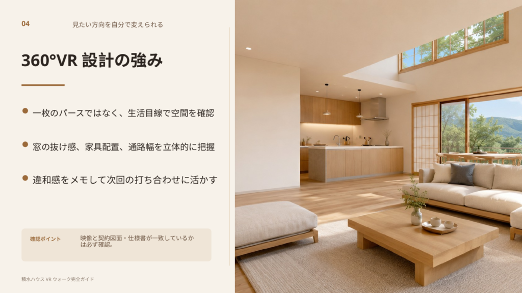 360度VR設計でリビングや窓、家具配置、通路幅などを生活目線で確認するイメージ
