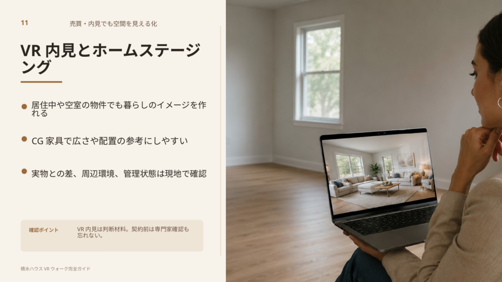 VR内見やバーチャルホームステージングで、家具配置や暮らしのイメージを確認するスライド