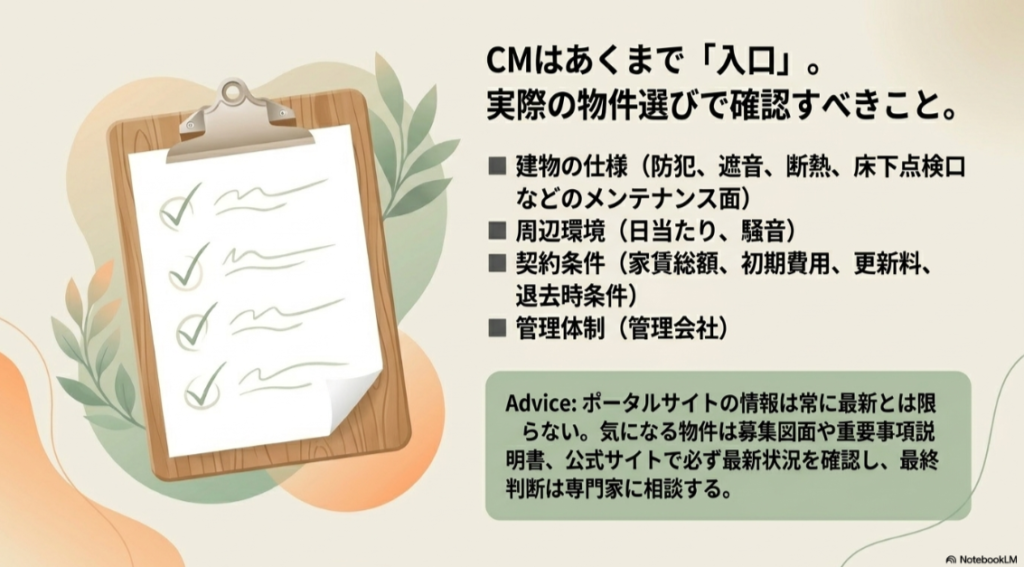 CMのイメージから離れ、実際の物件選びで冷静に確認すべきチェックリスト。建物の仕様（防犯・遮音・断熱・メンテナンス）、周辺環境、契約条件（家賃総額・初期費用・更新料・退去時条件）、管理体制（管理会社）を挙げています 。