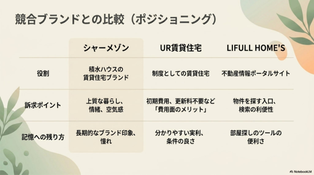 シャーメゾン、UR賃貸住宅、LIFULL HOME'Sの競合比較表 。それぞれの役割、訴求ポイント、記憶への残り方の違いを整理しており、シャーメゾンが「上質な暮らし、情緒、空気感」を強みとし、長期的なブランドの「憧れ」として残るポジションであることを示しています 。