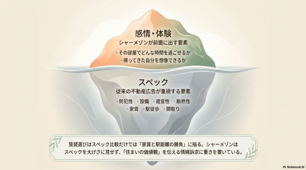 従来の不動産広告が重視する「スペック（家賃・駅徒歩・間取り・防犯性）」と、シャーメゾンが前面に出す「感情・体験（その部屋でどんな時間を過ごせるか）」の比較図。住まいの価値観を伝える情緒訴求の重要性を説明しています 。