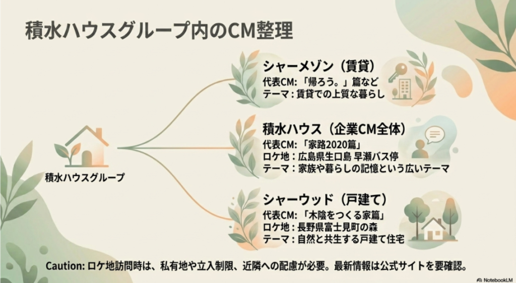 積水ハウスグループ内のCM整理図 。賃貸の「シャーメゾン（帰ろう。篇）」、企業CM全体の「積水ハウス（家路2020篇／ロケ地：広島県生口島）」、戸建ての「シャーウッド（木陰をつくる家篇／ロケ地：長野県富士見町）」のテーマとロケ地・代表作の違いを明確に分けて解説しています 。