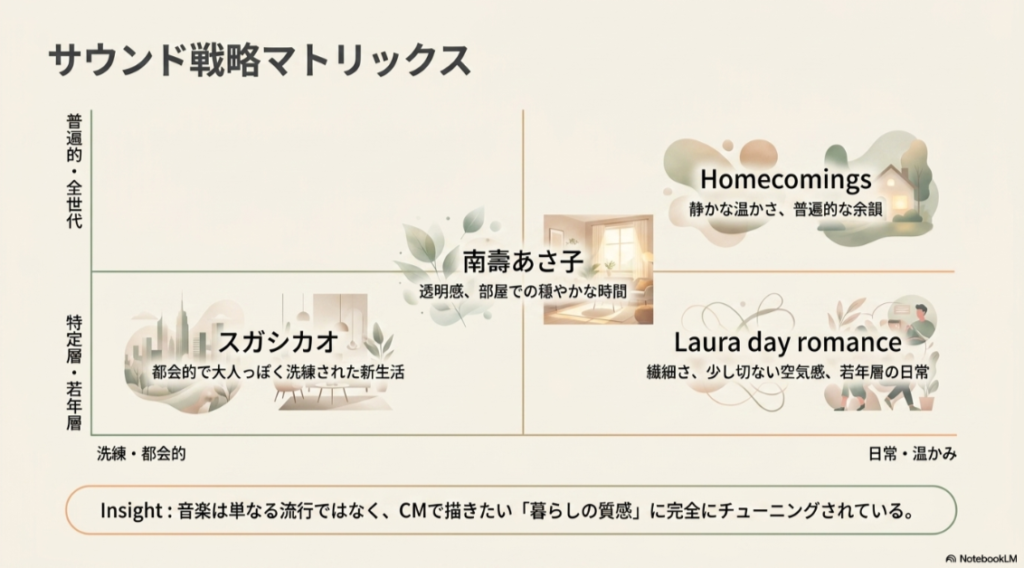 シャーメゾンのサウンド戦略マトリックス図 。「普遍的・全世代」から「特定層・若年層」、「洗練・都会的」から「日常・温かみ」のマトリックス上に、スガシカオ、南壽あさ子、Homecomings、Laura day romanceの4アーティストを配置し、CMで描きたい暮らしの質感に音楽をチューニングしていることを示しています 。