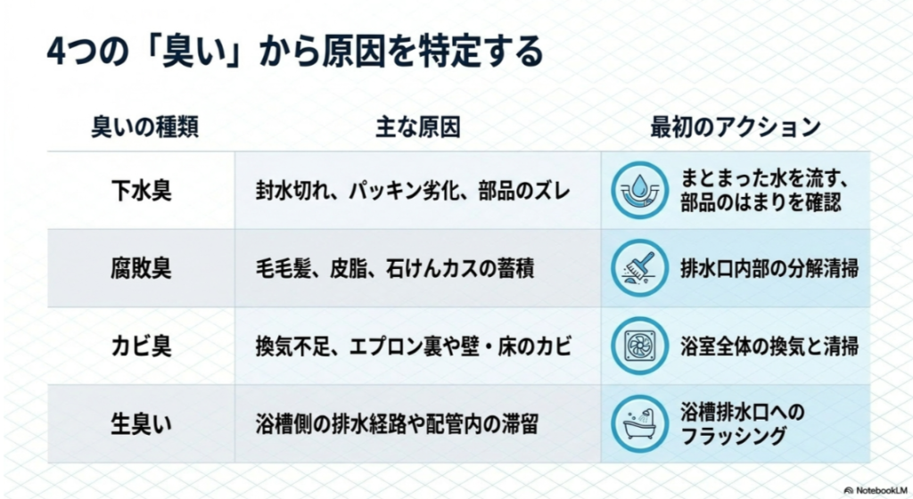 下水臭、腐敗臭、カビ臭、生臭い臭いごとに原因と最初の対応を整理した表