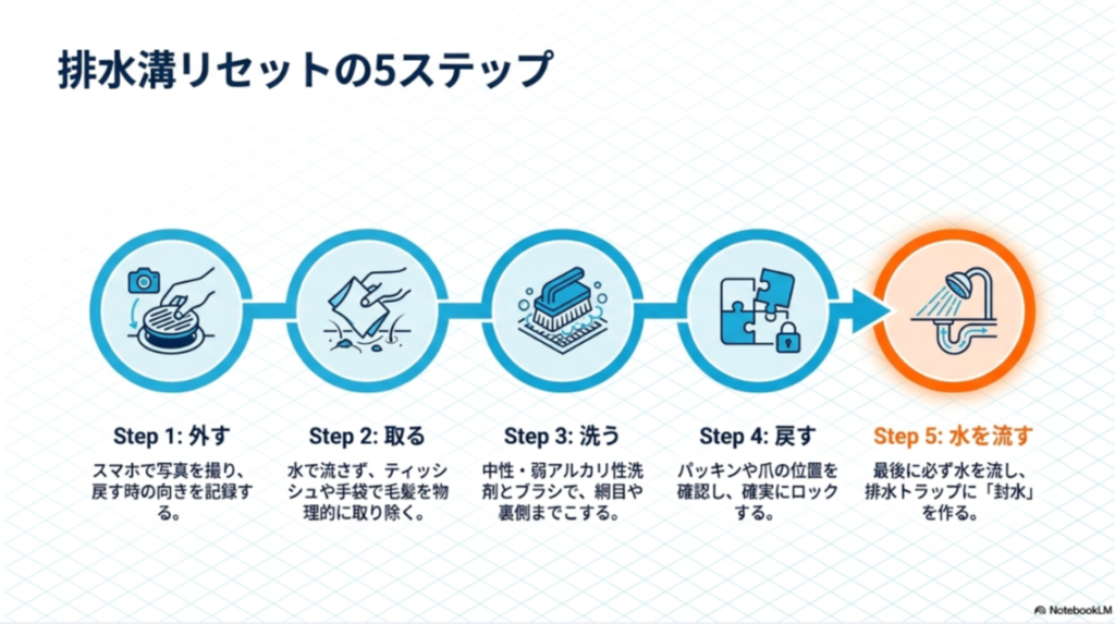 排水溝掃除を外す、取る、洗う、戻す、水を流すの5段階で説明した手順図