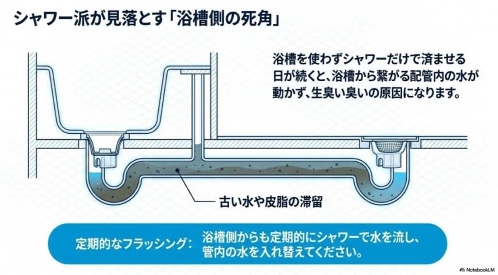 浴槽を使わない期間が続くと浴槽側の排水管に古い水や皮脂汚れが滞留することを示す断面図