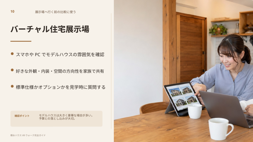 スマホやパソコンで積水ハウスのモデルハウスを見学し、家族で外観や内装を比較するイメージ