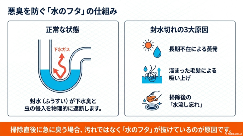 排水トラップ内の封水が下水臭や虫の侵入を防ぐ仕組みと封水切れの原因を示す図