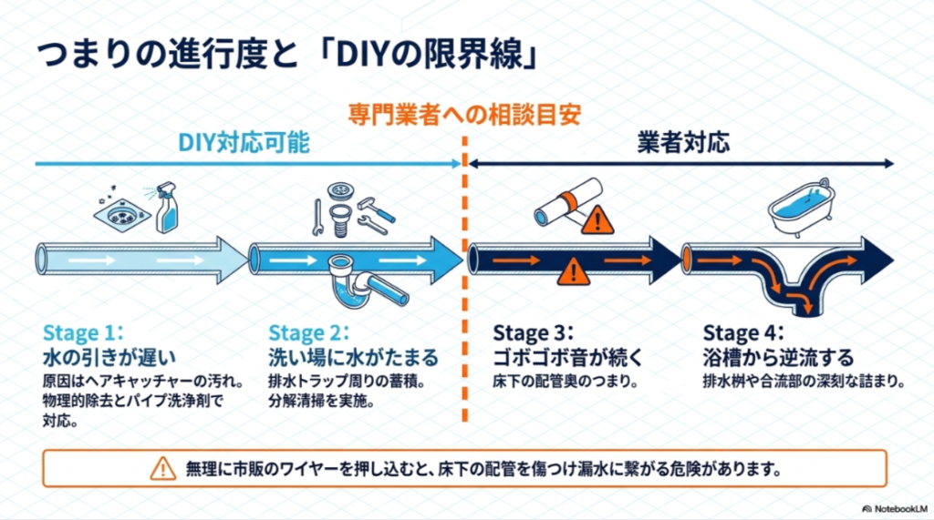 排水の遅れから逆流まで、つまりの進行段階とDIY対応の限界を示した図