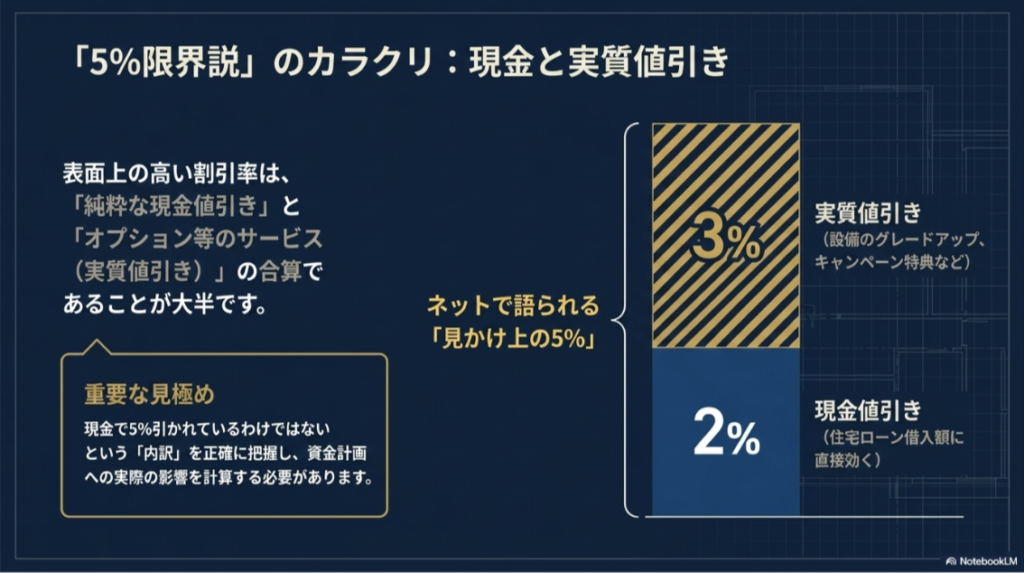積水ハウスの5％値引きという情報を、現金値引きと設備グレードアップなどの実質値引きに分けて考える図解