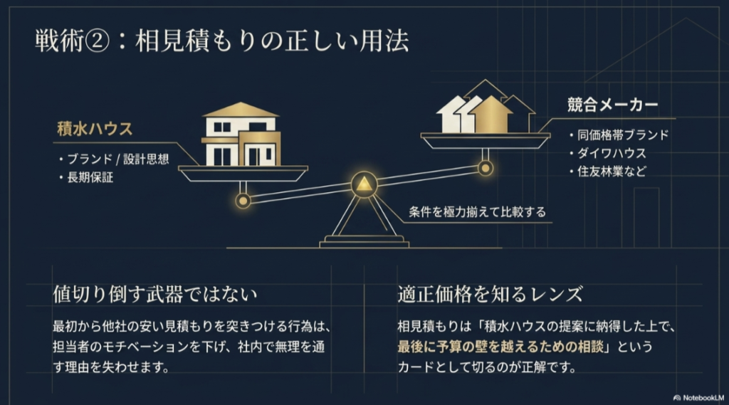 積水ハウスと同価格帯の競合メーカーを条件をそろえて比較し、値引き交渉ではなく適正価格を知る材料にする図
