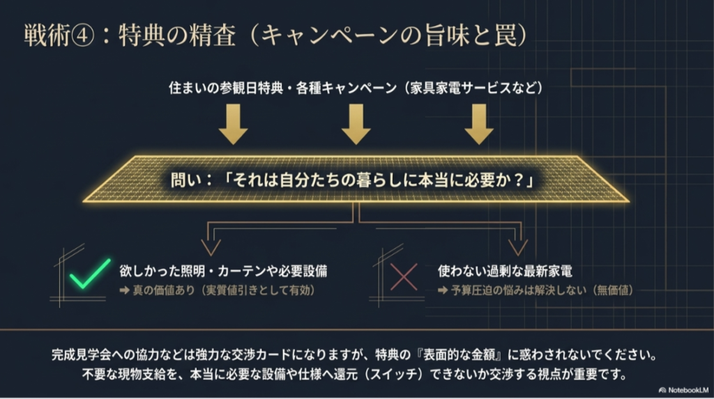 住まいの参観日やキャンペーン特典を、金額だけでなく本当に必要な家具や設備かどうかで判断する図解