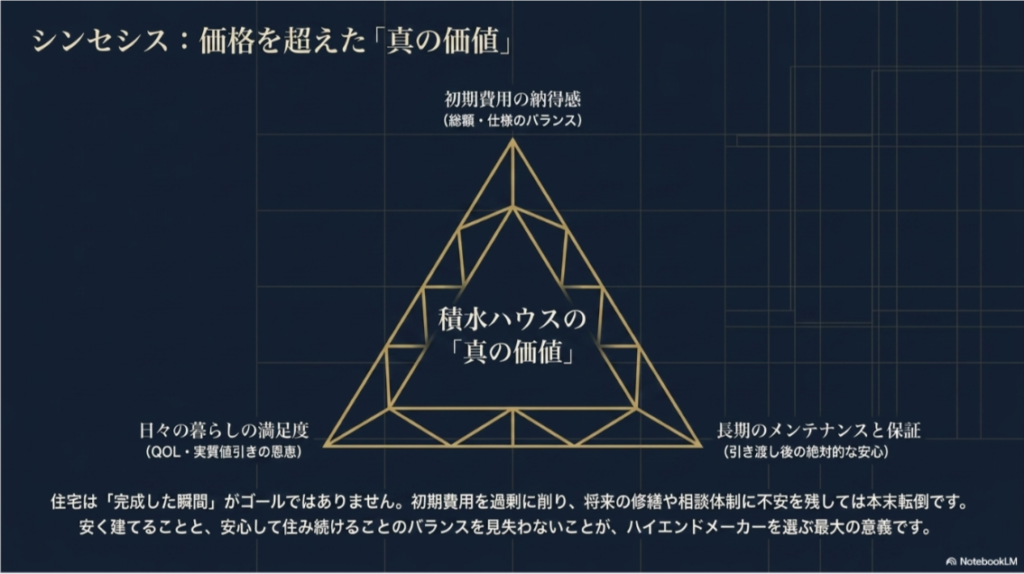 積水ハウスの価格を、初期費用の納得感、日々の暮らしの満足、長期メンテナンスや保証の安心で捉える図