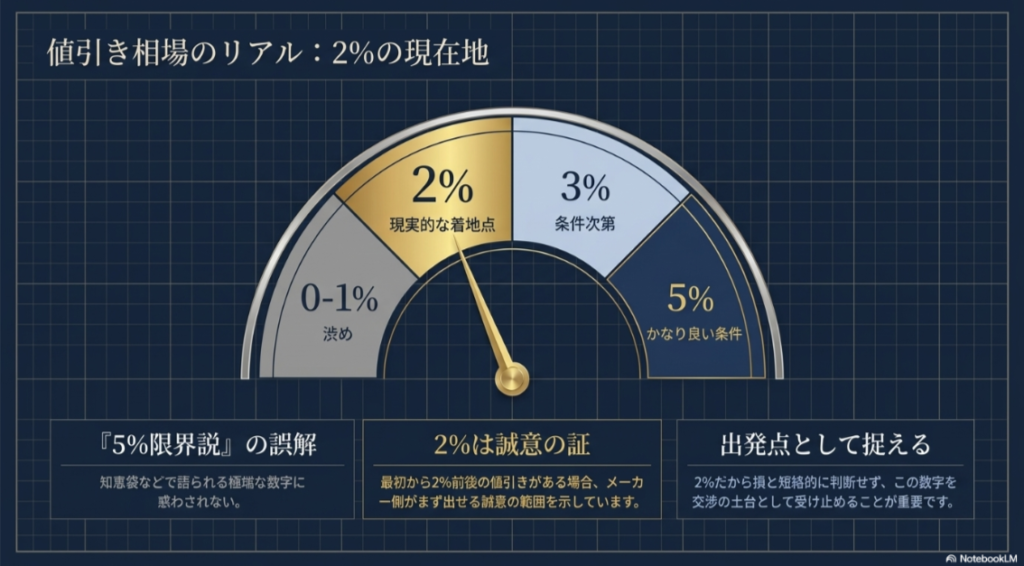 積水ハウスの値引き相場について、2％前後を現実的な着地点として捉え、5％説を過信しない考え方を示すメーター図