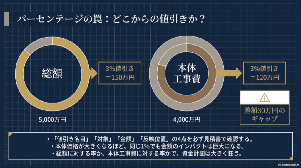 総額5,000万円と本体工事費4,000万円では同じ3％値引きでも金額が変わることを示した比較図