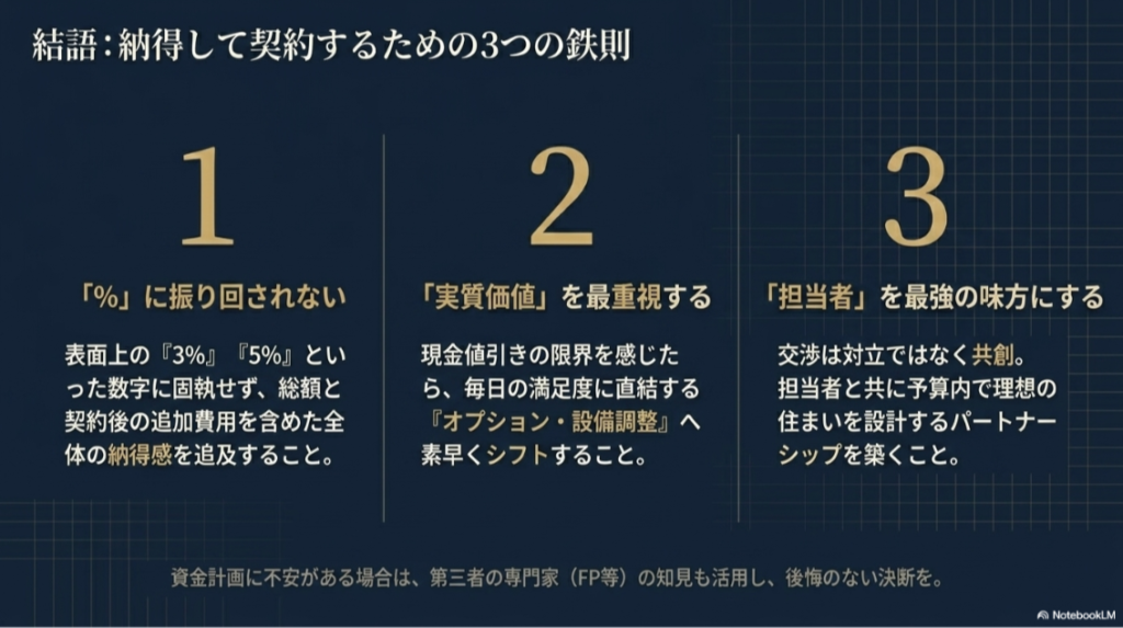 積水ハウスの値引き交渉で、パーセントに振り回されず、実質値引きを重視し、担当者を味方にする3つの鉄則を示すまとめ