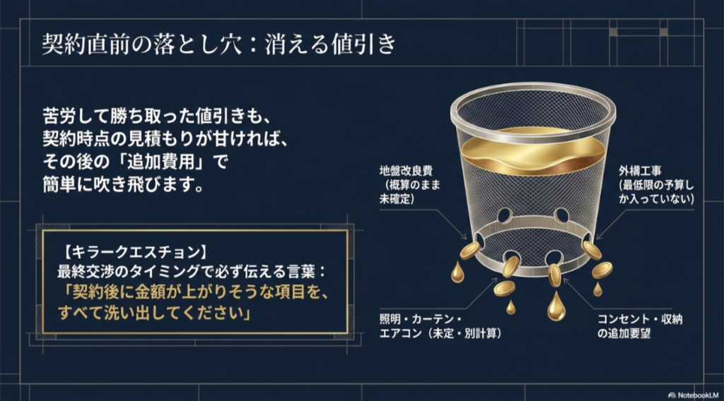契約時の値引きがあっても、外構、照明、カーテン、地盤改良などの追加費用で負担が増えるリスクを示す図