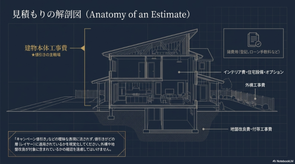 積水ハウスの見積もりを建物本体工事費、諸費用、外構、地盤改良などに分け、値引き対象を確認する重要性を示す図