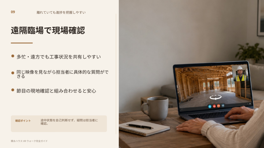 遠方や多忙な施主が、遠隔臨場で住宅工事の進捗や現場状況を確認するイメージ