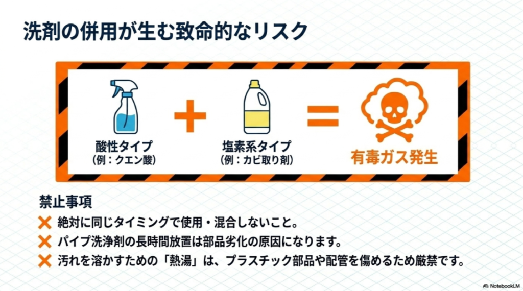 酸性タイプの洗剤と塩素系タイプの洗剤を混ぜると有害ガスが発生する危険を示した注意図