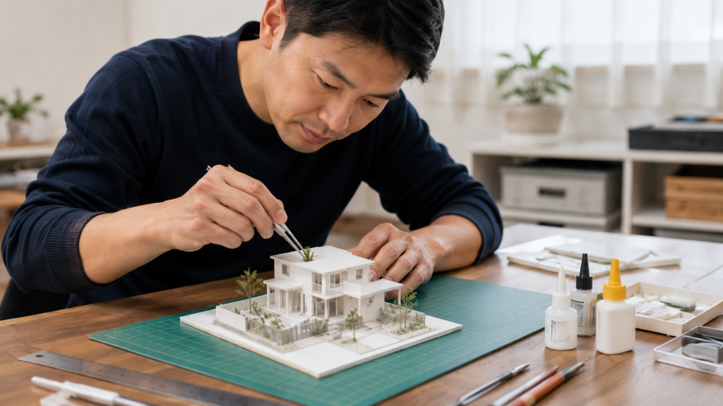 建築模型を手作業で制作し、植栽や住宅パーツを調整する日本人男性