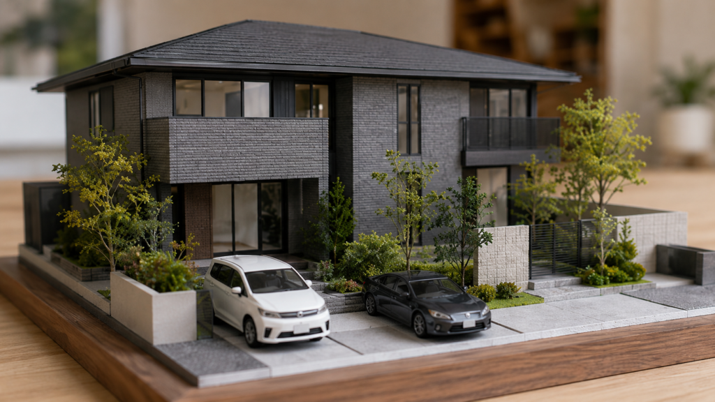 1/50住宅模型で外構や植栽、駐車場の配置を確認するイメージ